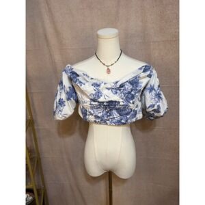 Abercrombie Fitch Blue Floral Puff Sleeve Smocked Crop Top NWT 140-292-0074-255